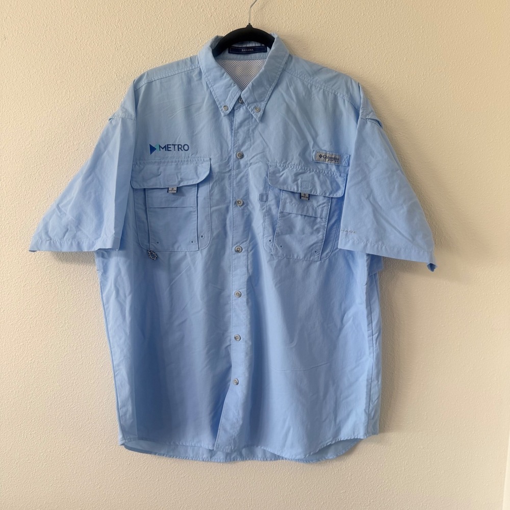 Columbia PFG Bahama II Mens Short Sleeve Fishing Shirt Blue Metro Logo FM7047